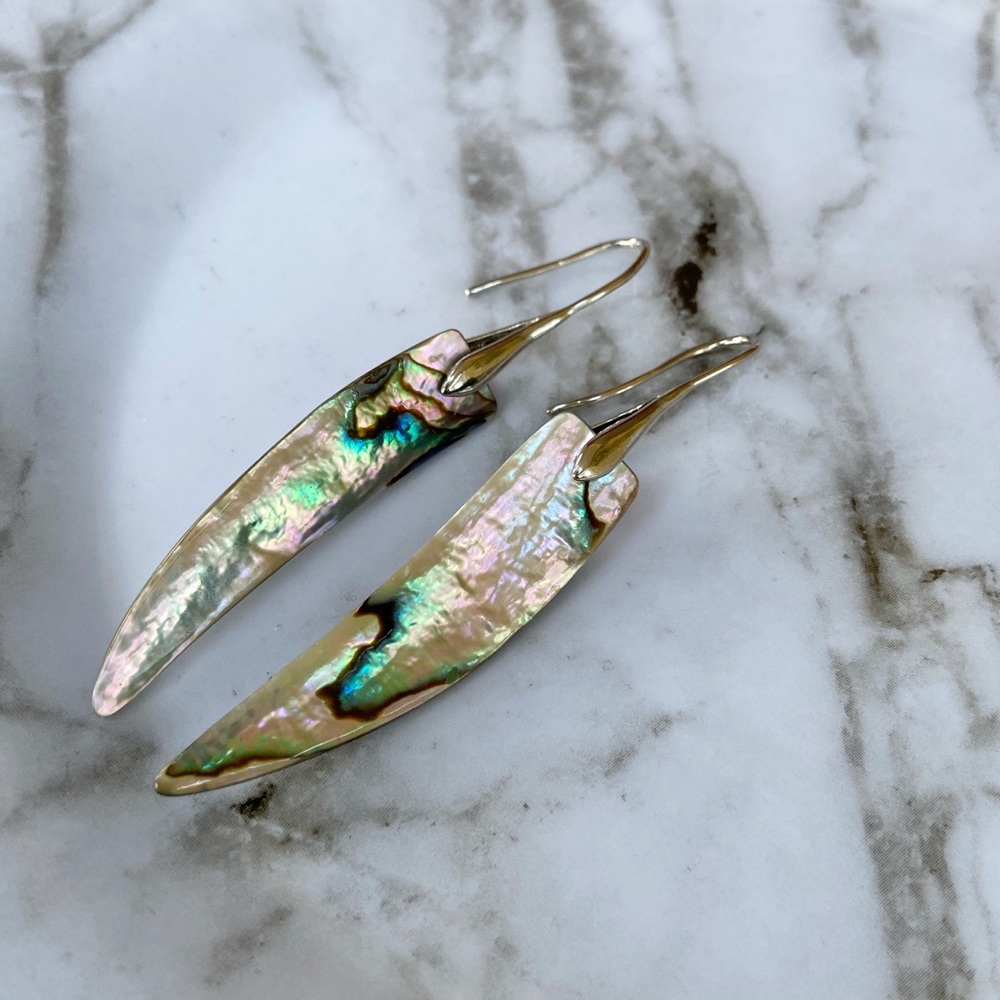 Abalone Shell Dragon's Tooth Long Earrings Silver Plated Pierced 12x45mm NEW